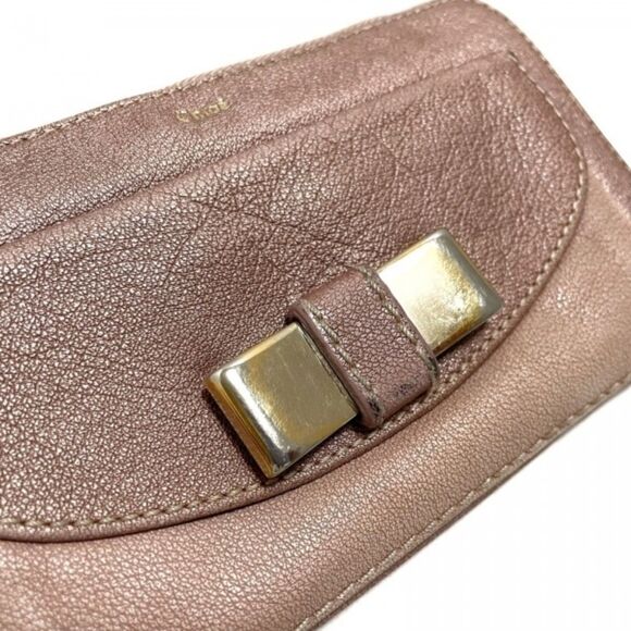 Chloe (Authentic) Pink Champagne Leather & Gold Bow Accent Zippy Long Wallet - Picture 3 of 11
